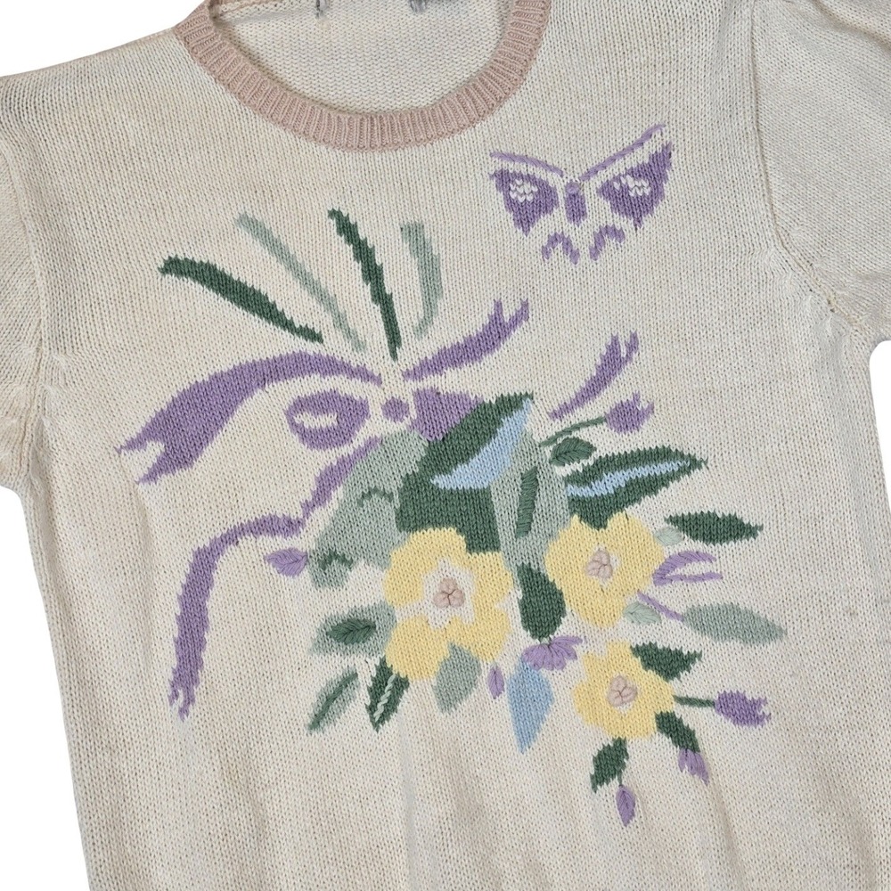 VTG 90's Floral Puff Short Sleeve Sweater Grannycore Cottage Butterfly Knit MD - Picture 3 of 7